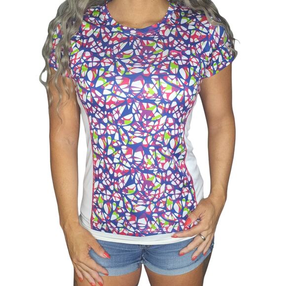 Puma Shirt Womens XS White Multicolor Fitted Workout Gym Yoga Slimming Stretchy - Picture 1 of 12